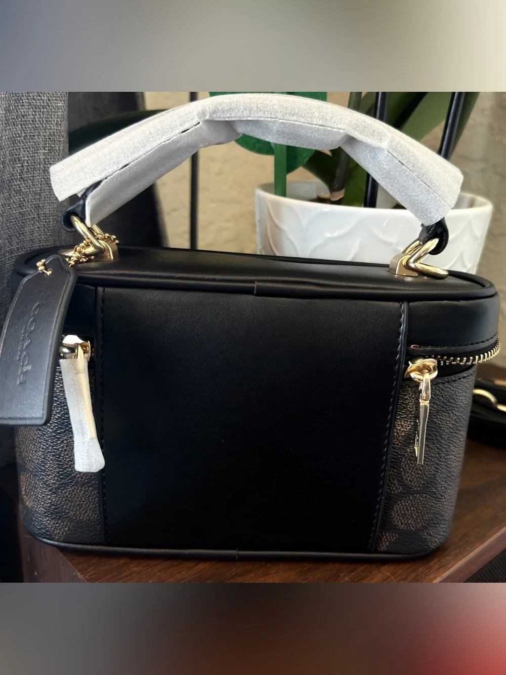 Coach Brown Signature Canvas Cosmetic Case with Black Leather Top